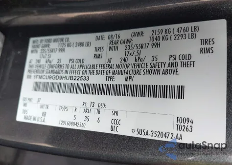 2017 Ford Escape Se from USA, damaged, VIN 1FMCU9GD9HUB22533